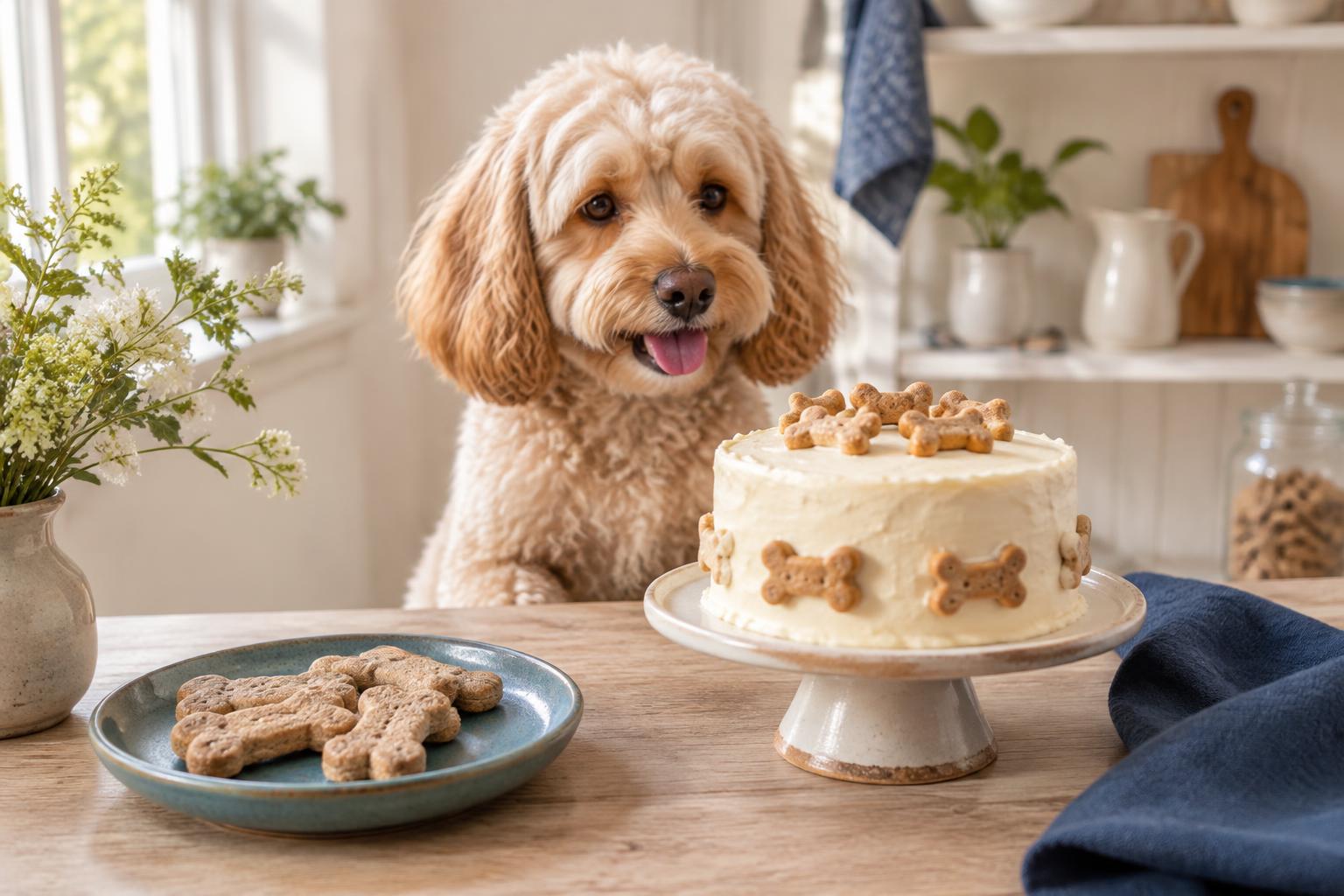 Illustrative photograph of a cockapoo beside a dog cake and bone-shaped biscuits