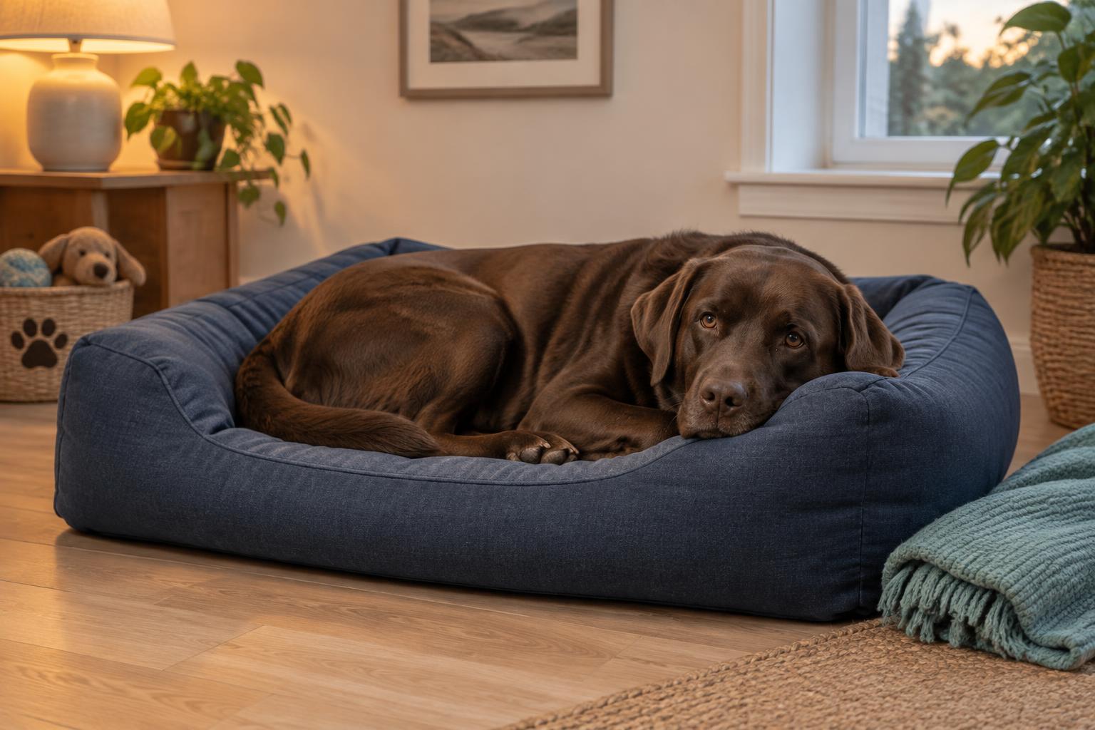 Illustrative photograph of a chocolate Labrador resting on an indigo dog bed