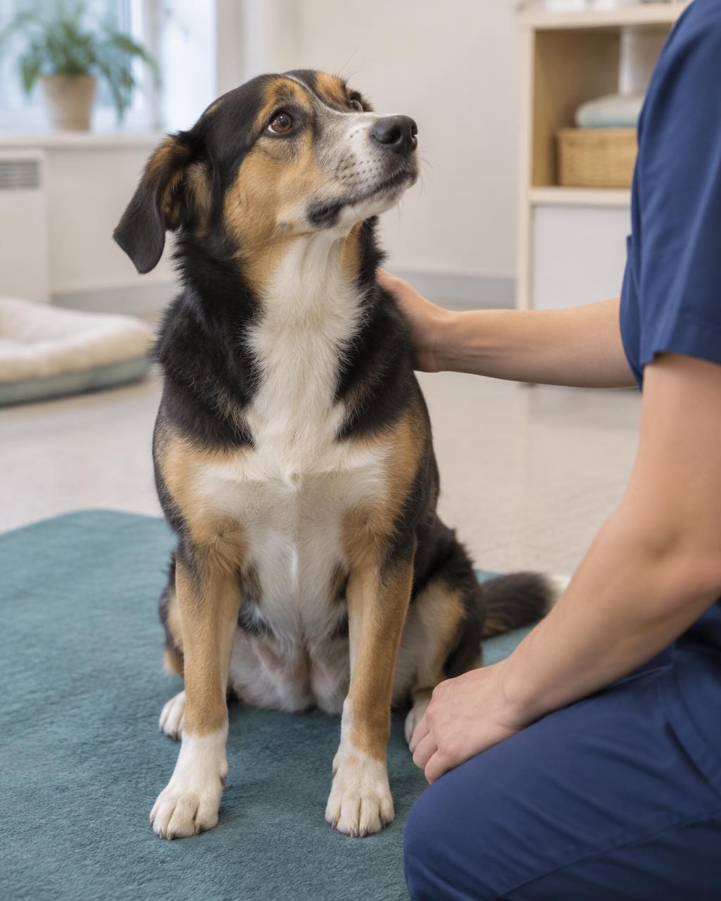 Illustrative photograph of a dog with an anonymous caregiver, not a staff portrait