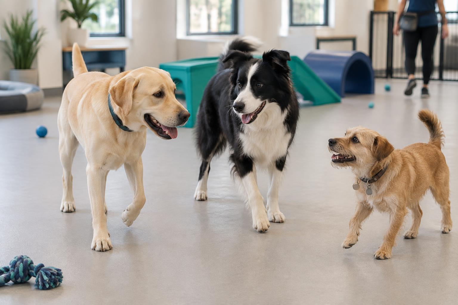 Illustrative photograph of three friendly dogs playing in an indoor daycare