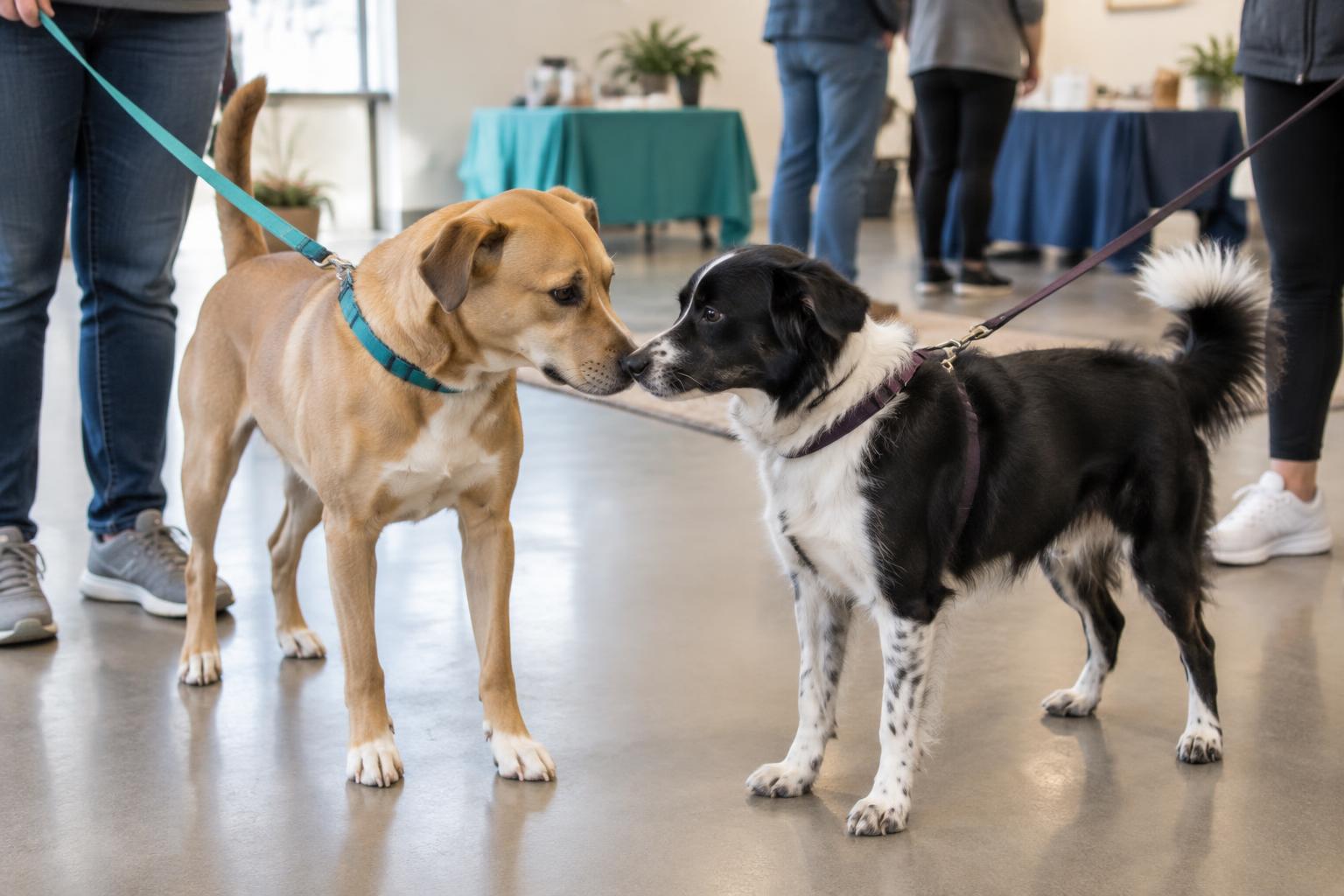 Illustrative photograph of leashed dogs greeting each other at a community gathering