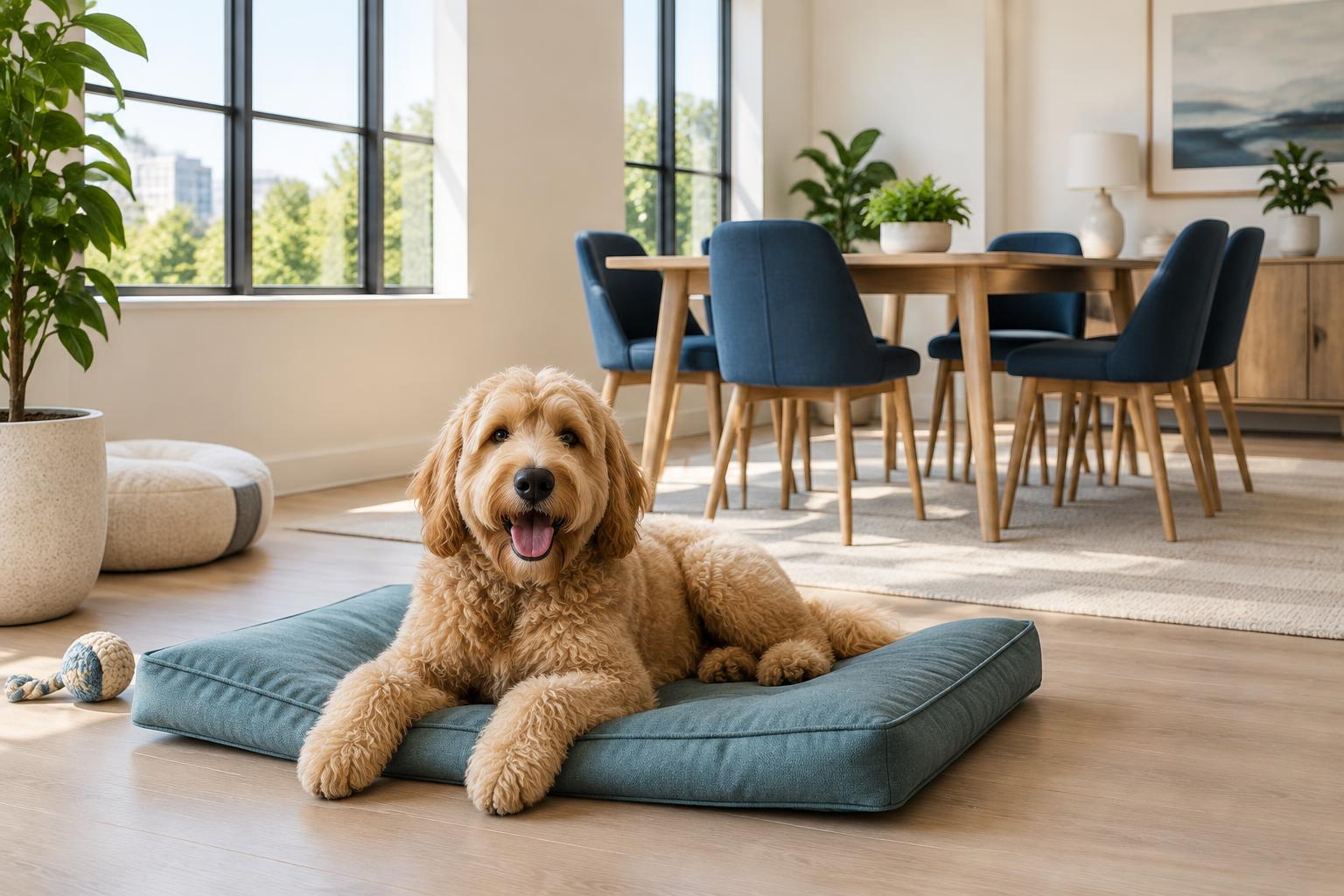 Illustrative photograph of a dog resting in a dog-friendly meeting room