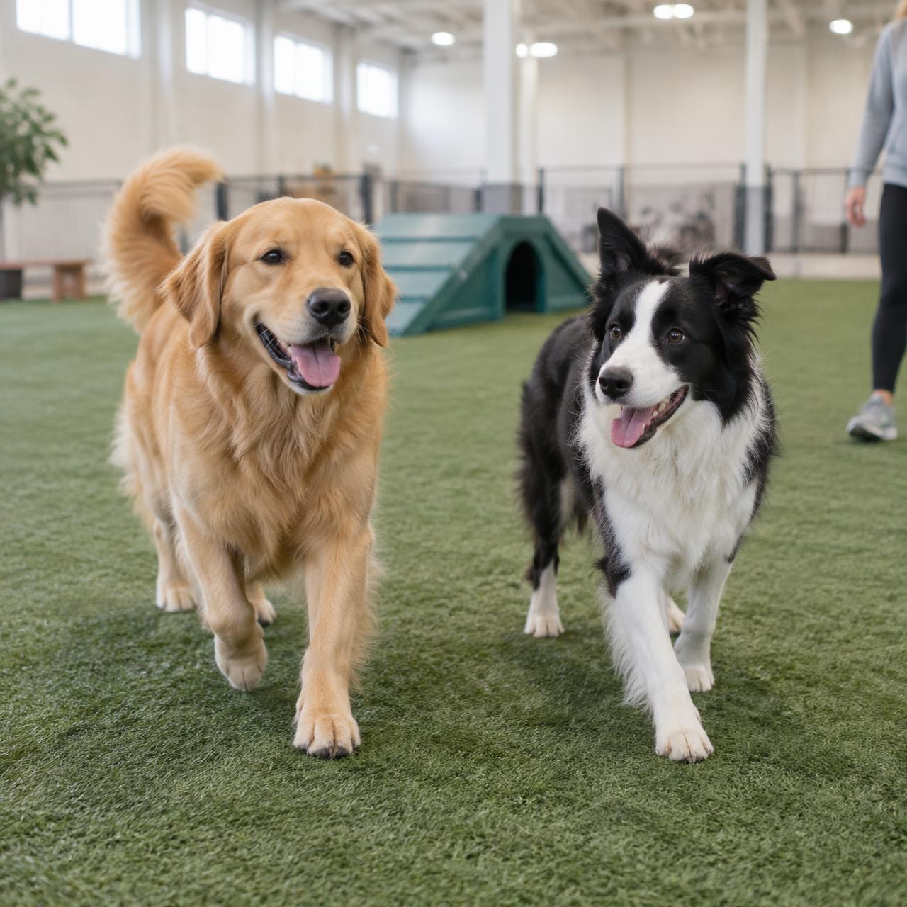 Illustrative photograph of two dogs enjoying an indoor dog park
