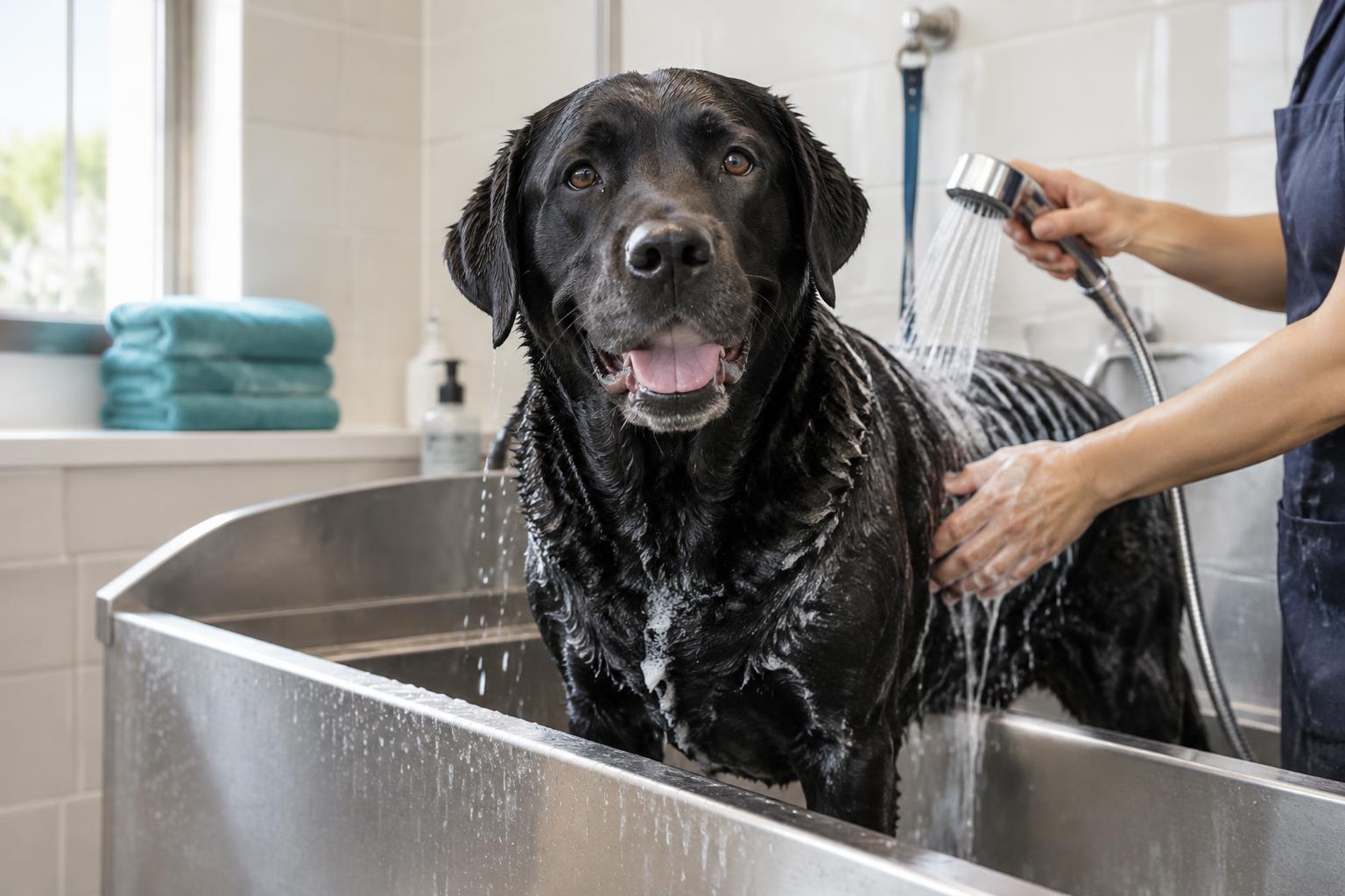 Illustrative photograph of a black Labrador being washed in a raised dog wash tub