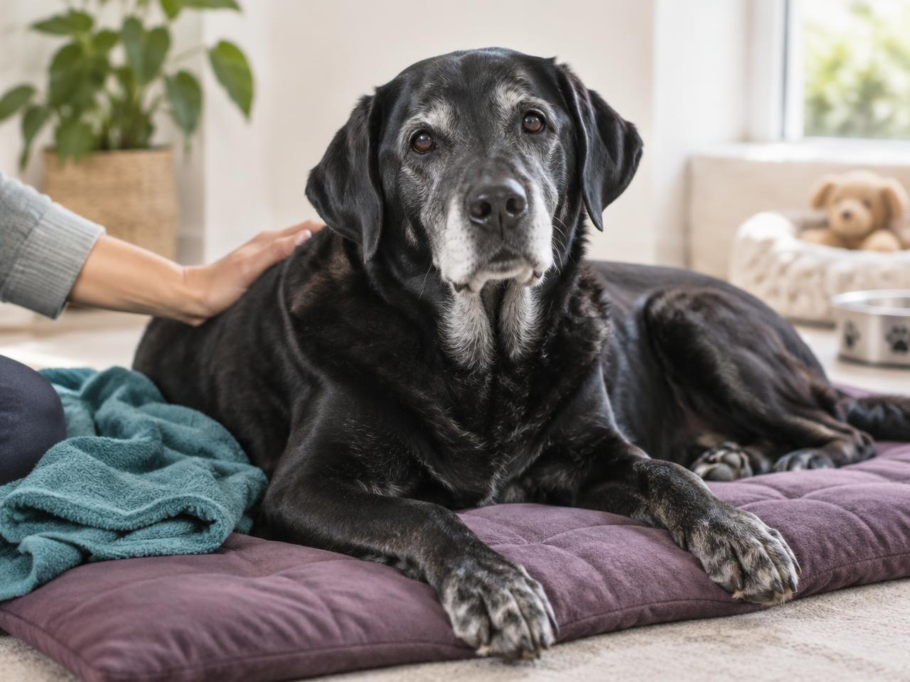 Illustrative photograph of a silver-muzzled senior Labrador receiving gentle care